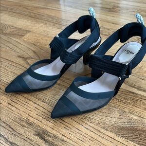 Fendi Colibri Black Mesh Slingback Kitten Heel